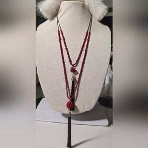 Elegant Red Beaded Necklace with Tassel